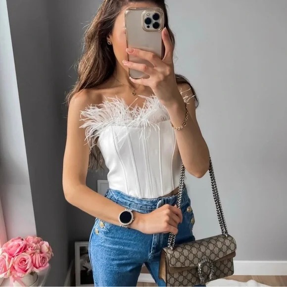 Zara Tops Nwt Zara White Feather Trim Corset Top Poshmark